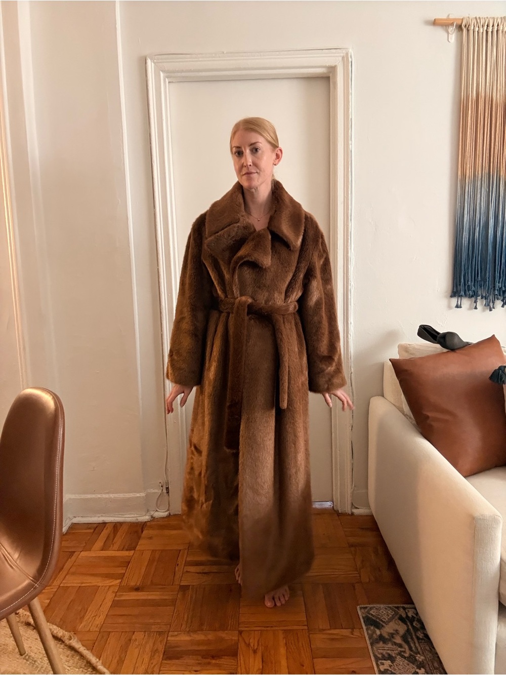 Long Brown Faux Fur Belted Coat